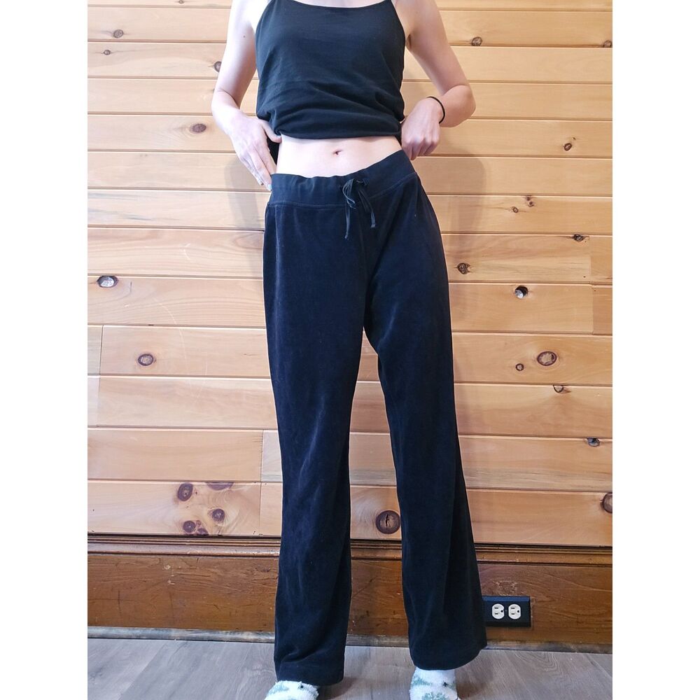 Womens Vintage Y2K Black Velvet Wide Leg High Rise Velour Sweatpants Track Pants